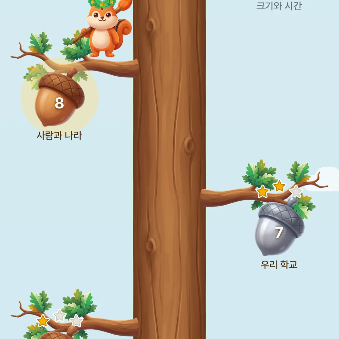 급수 나무: 가지마다 유닛 도토리가 달리고, 통과한 유닛에는 별이 붙음